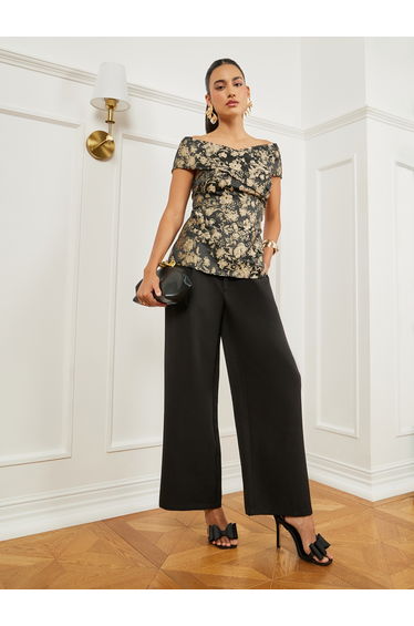 Black Floral Jacquard Off-Shoulder Top