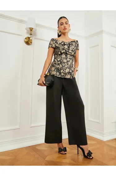 Black Floral Jacquard Off-Shoulder Top