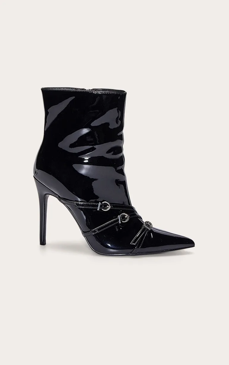 Black Patent Buckle Strap Stiletto Ankle Boot - 1