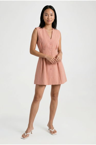 Linen Look Fitted Tailored Mini Dress - desert rose