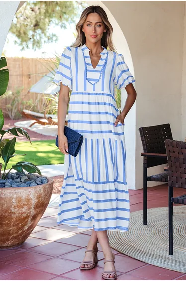 Lvness Sky Blue Stripe Ricrac Trim Notched Neck Half Sleeve Vacation Dress