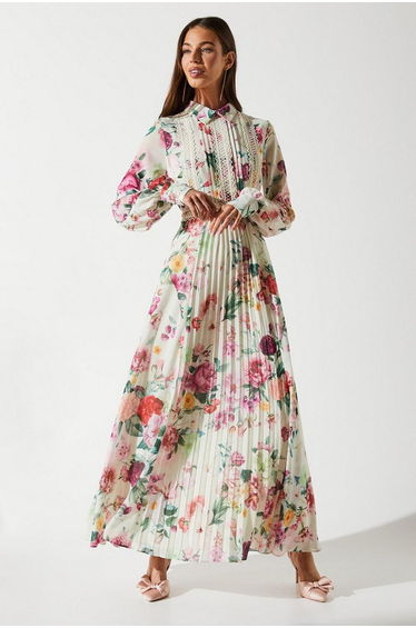 Pleated Lace Trim Midi Dress