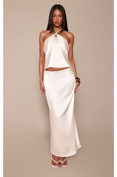 Tall Champagne Satin Keyhole Detail Halter Neck Top Co-ord