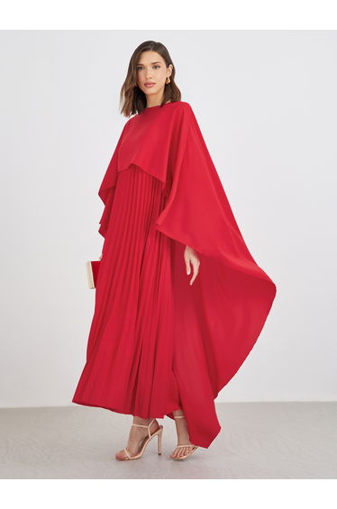 Solid Cape Sleeve Pleated Detail Maxi Dress