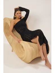 Black Belted Bodycon Knitwear Look One Shoulder Beach Dress - 1