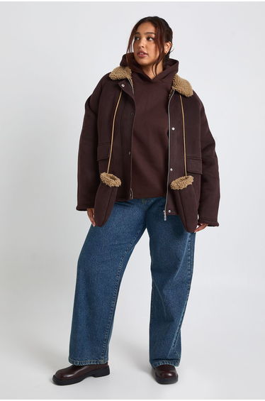 Plus Teddy Trim Detail Oversized Jacket - chocolate