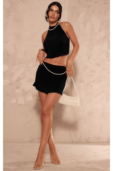Black Plisse Pearl Detail Low Rise Mini Skirt