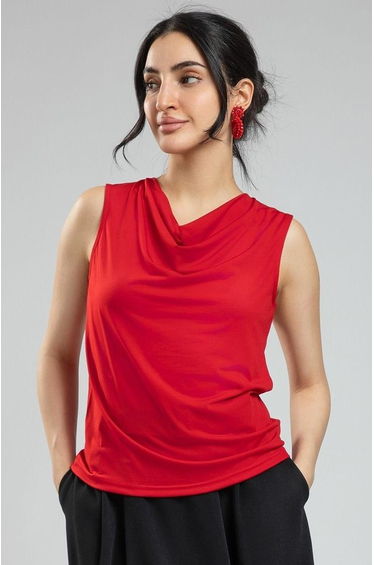 Women's Sleeveless Blouse - Solid Color, Draped Neckline
