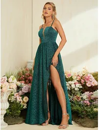 Leely Elegant Women's Spaghetti Strap Sleeveless High Slit A-Line Dress - 5