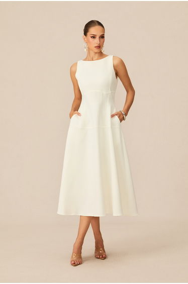 Classic Charm White Sleeveless Midi Dress