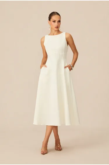 فستان ميدي بتفصيلة تشارم بلا أكمام - أبيض