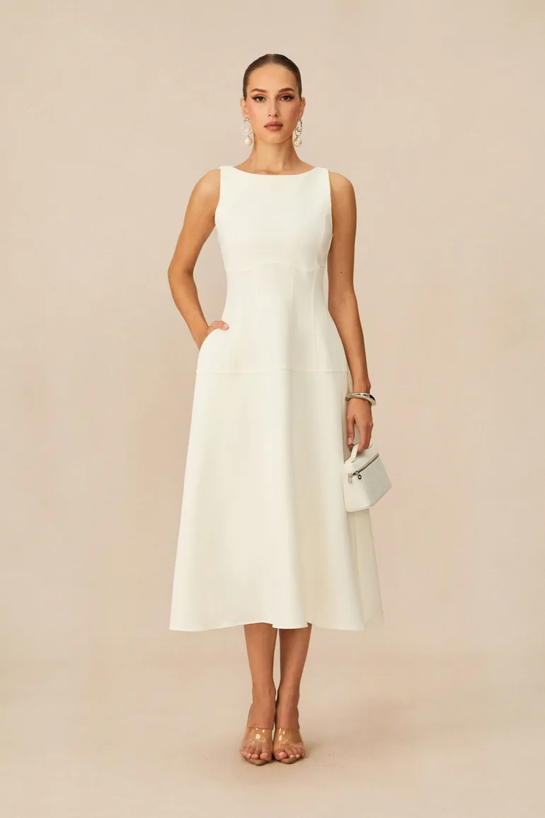 Classic Charm White Sleeveless Midi Dress - 2