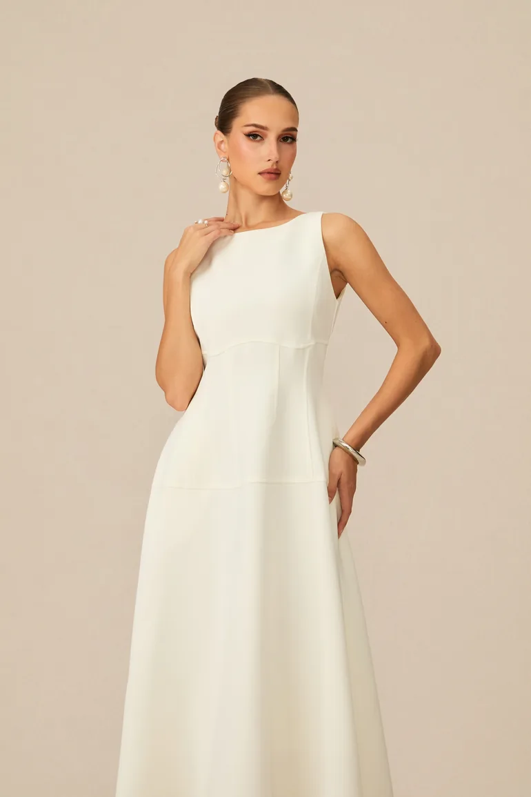 Classic Charm White Sleeveless Midi Dress - 1