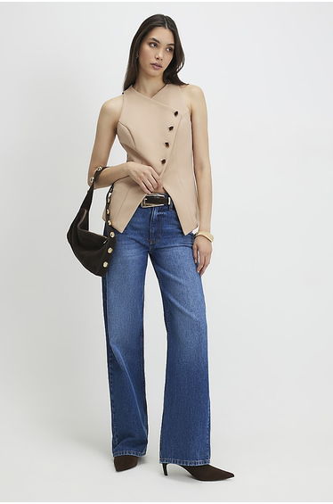 Beige Collarless Asymmetric Waistcoat