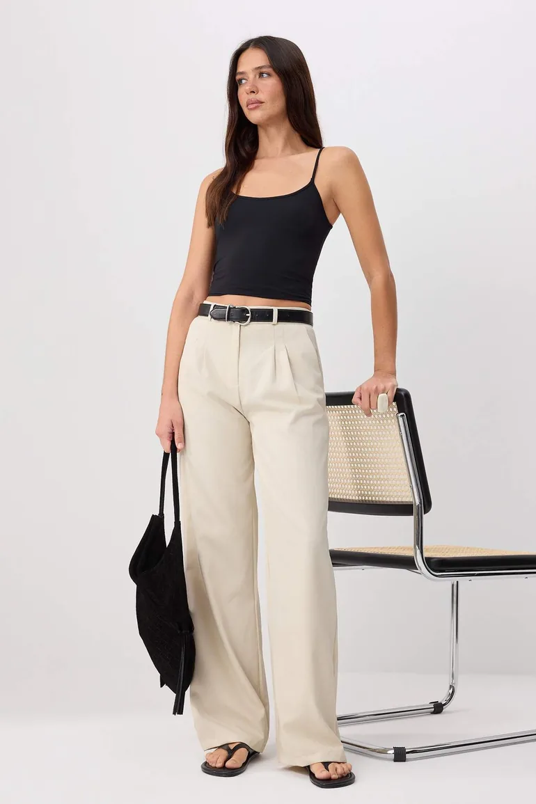 Mink Wide Leg Wide Leg Pleated Woven Trousers .