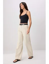 Mink Wide Leg Wide Leg Pleated Woven Trousers . - 1