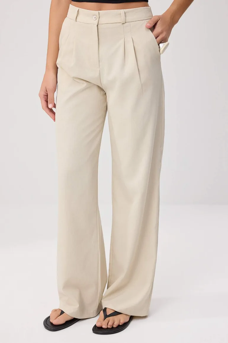 Mink Wide Leg Wide Leg Pleated Woven Trousers . - 2