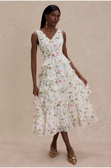 Floral Ruffle Sleeveless Midi Dress