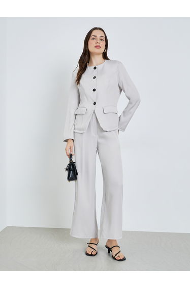 Women Grey Blazer and Wide Leg Pants Co-Ords