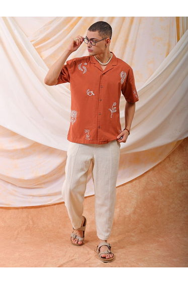 Men Rust Embroidered Resort Collar Shirt