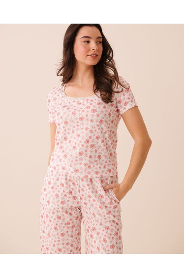 Hibiscus Print Lace Trim Pointelle T-shirt