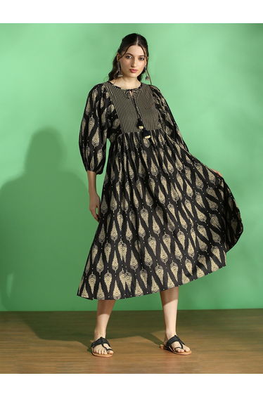 Women Black Ethnic Print Tie-Up Neck Midi Dress
