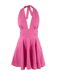 Fuchsia Woven V-Neck Super Mini Ruched Detail 100% Cotton Beach Dress - 3