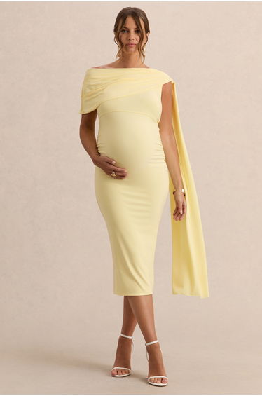 Braelyn | Lemon Asymmetric-Neck Maternity Midi Dress With Gathered Detailing And Sash