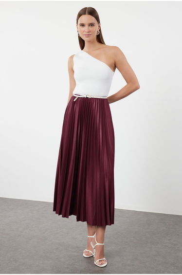 Plum Pleated Maxi Stretch Knit Skirt