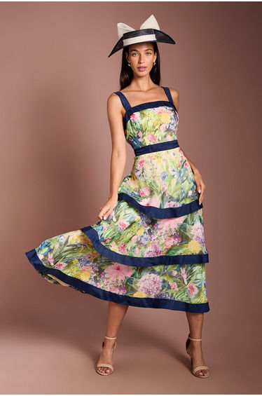 Lisa Tan Printed Tiered Organza Midi Dress