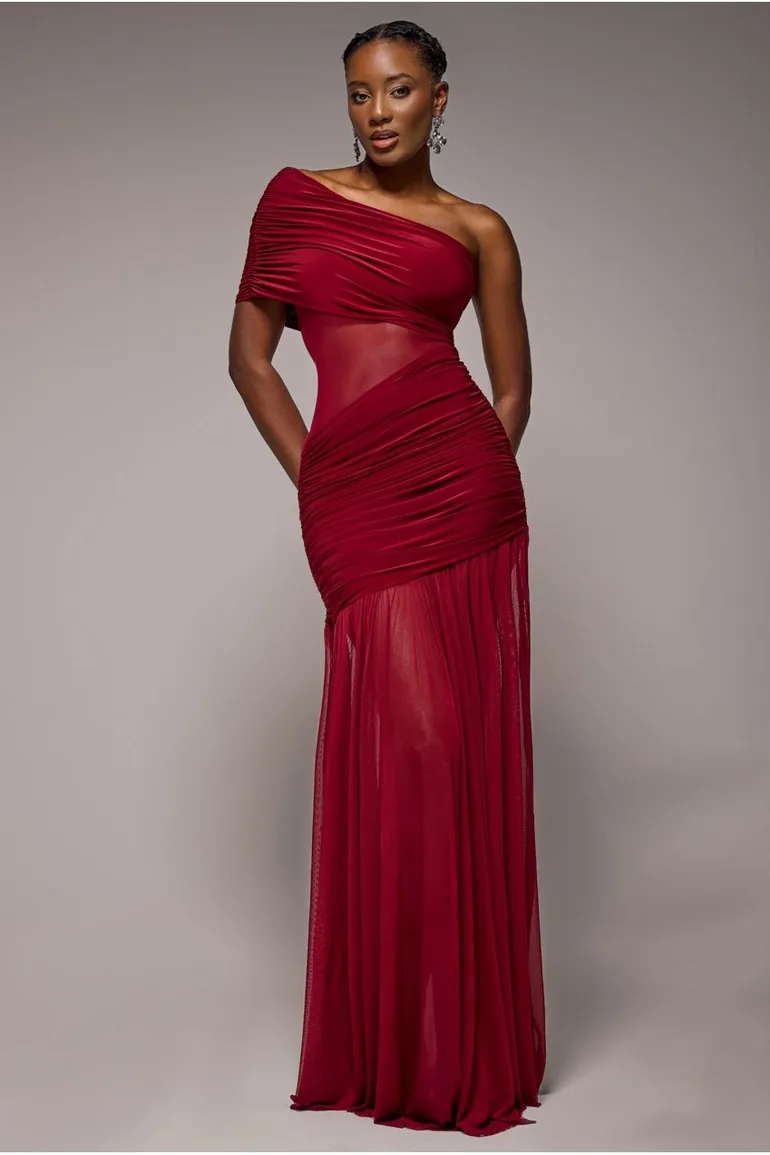 Gathered One Shoulder Sheer Panel Maxi Dress - Wine by Goddiva Goddiva Red  : Premium Dresses : VogaCloset Oman
