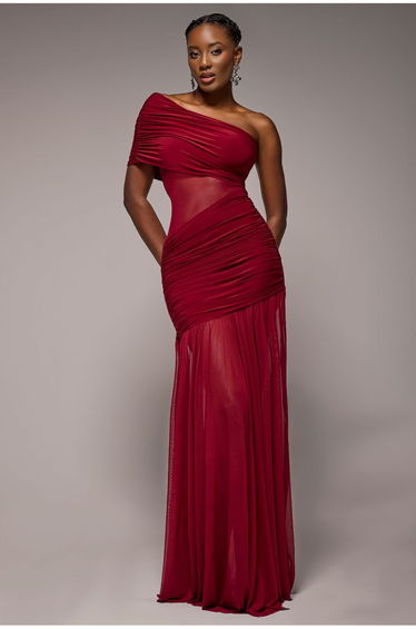 Gathered One Shoulder Sheer Panel Maxi Dress - Wine by Goddiva