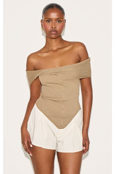 Taupe Rib Knit Twist Bardot Button Through Top
