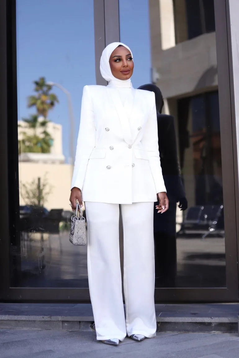 WHITE LUXURY SILK SATIN SUIT WITH DIAMANTÉ BUTTONS - 15