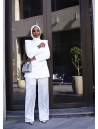 WHITE LUXURY SILK SATIN SUIT WITH DIAMANTÉ BUTTONS - 3