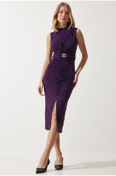 Women's Purple Belted Gathered Knitted Dress