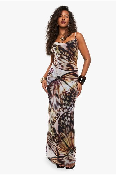 Abstract Mesh Cowl Maxi Dress - brown
