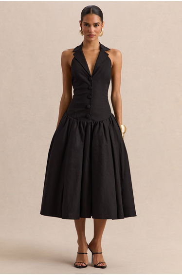 Ella | Black Plunge-Neck Dress With Drop-Waist