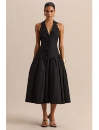Ella | Black Plunge-Neck  Dress With Drop-Waist