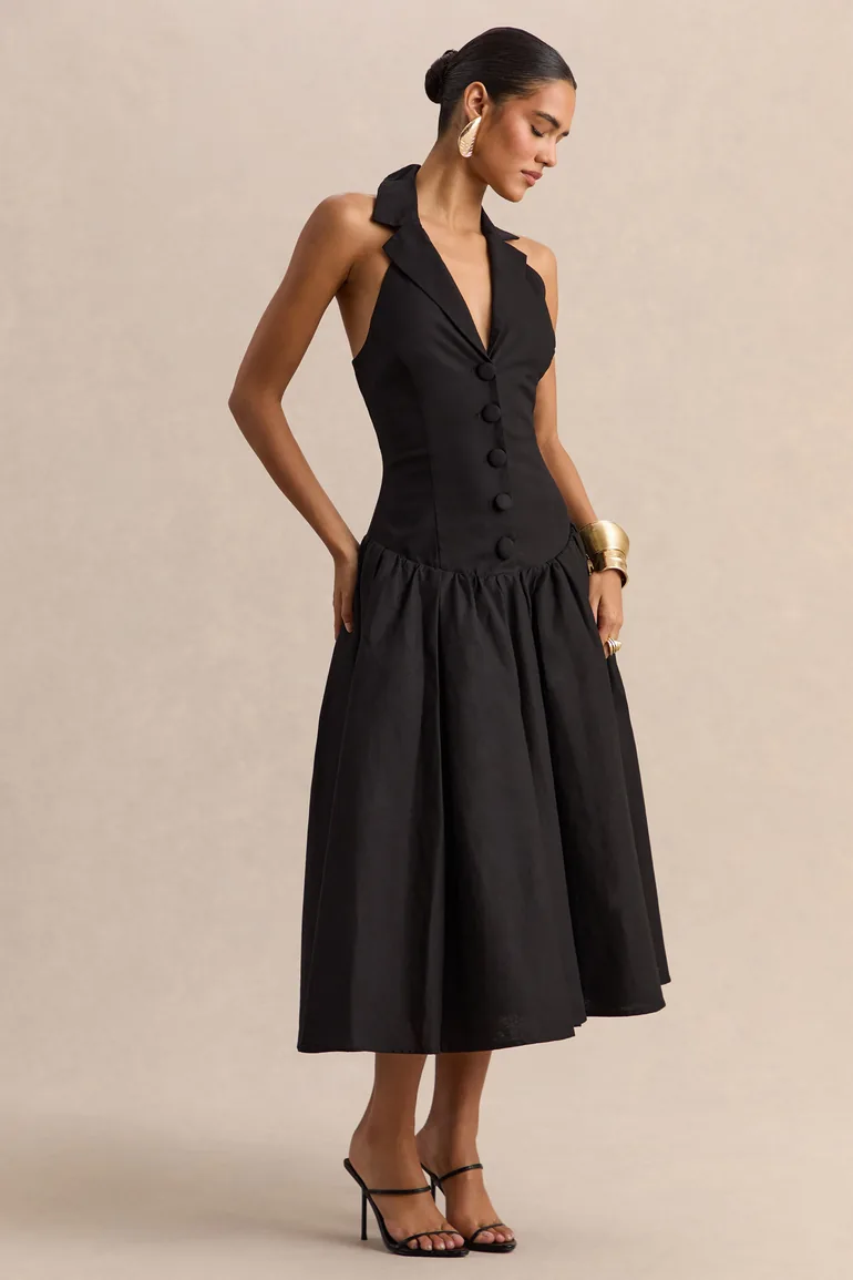 Ella | Black Plunge-Neck  Dress With Drop-Waist - 5