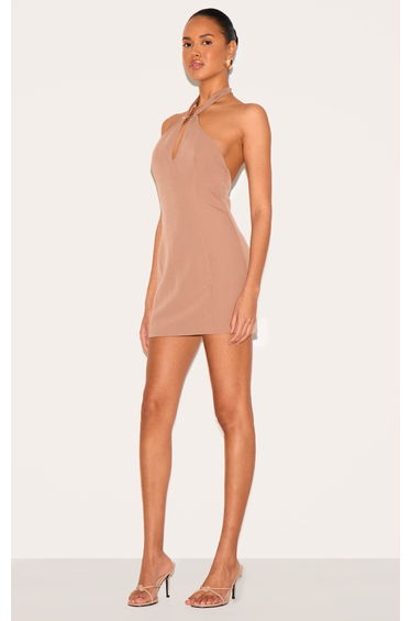 Beige Woven Trim Detail Mini Dress