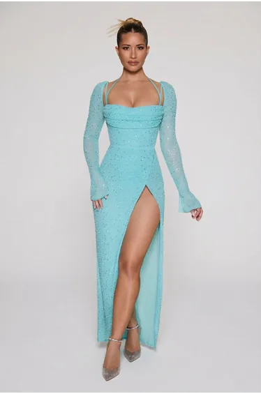 Embellished Cowl Neck Maxi Dress in Aqua