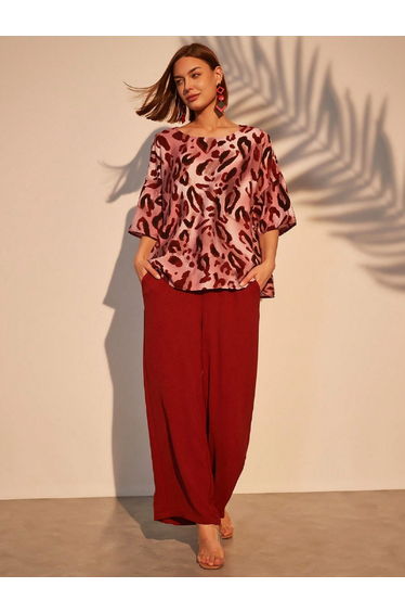 Burgundy Leopard Print Top and Trousers Co-Ords