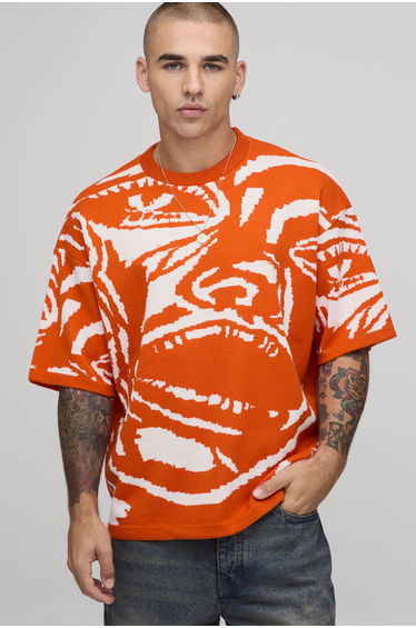 Oversized Jacquard Abstract Face Knitted T-Shirt - orange