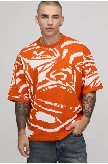Oversized Jacquard Abstract Face Knitted T-Shirt - orange