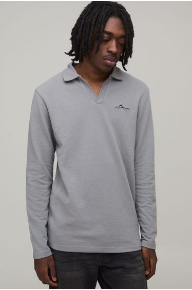 Slim Fit Long Sleeve BM Signature Embroidered V Neck Textured Polo - charcoal