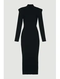Petite Viscose Blend Rib Knit Power Shoulder Long Sleeve Military Trim Maxi Dress - 3