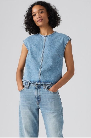 Denim Sleeveless Crew Neck Blouse