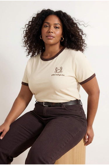 Stone 100% Cotton Embroidered Contrast Piping Detailed Knitted Plus Size T-Shirt