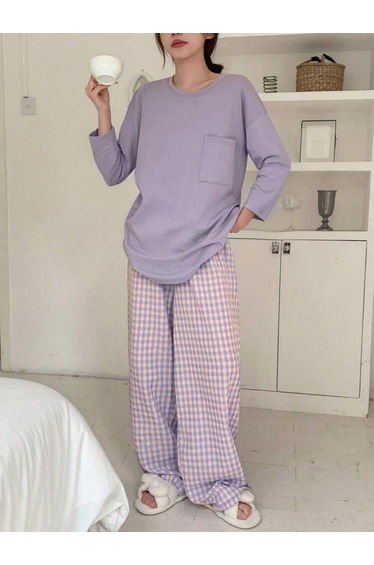 Purple Pocket Detail Long Sleeve Top and Checked Pyjama Set